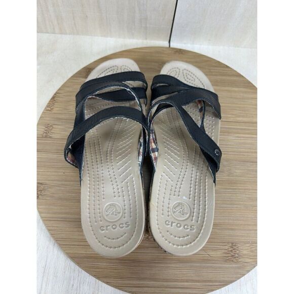 Crocs A-Leigh Plaid Leather Strap Cork Wedge Sandal Shoes Womens Size 7 - Picture 6 of 8